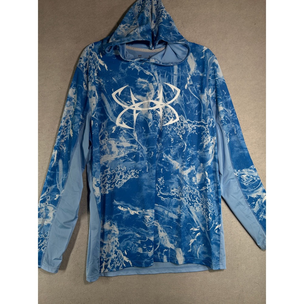 Under Armour Mens Iso-Chill Shorebreak Hoodie Blue Graphic Fishing Shirt 1361274